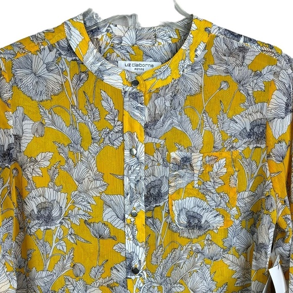 Liz Claiborne Gorgeous Spring Summer Yellow Floral Blouse Roll Tab Sleeves PSml - Picture 1 of 11